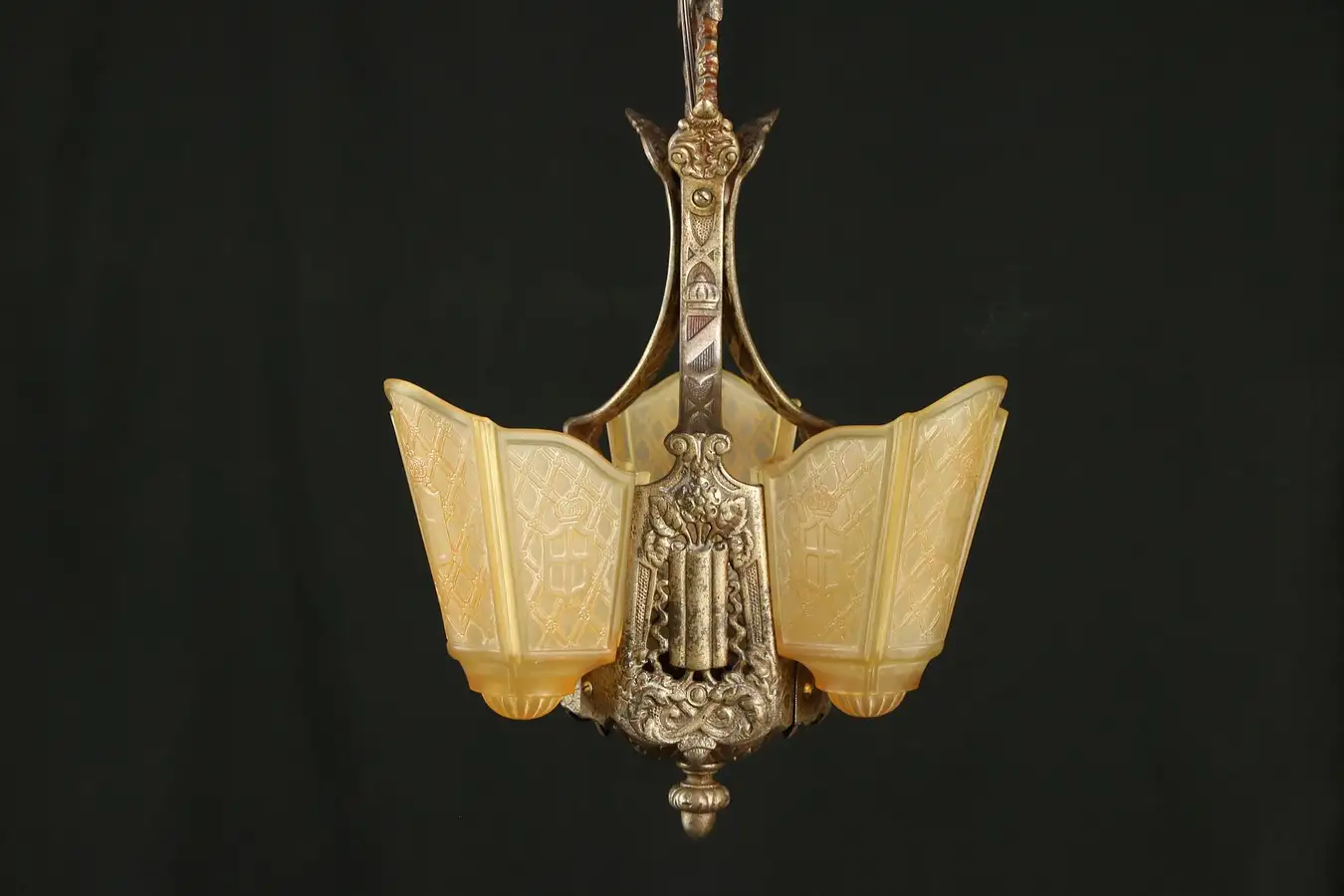 Main image of Moe Bridges Chandelier, Art Deco Vintage 3 Light Fixture, Etched Shades