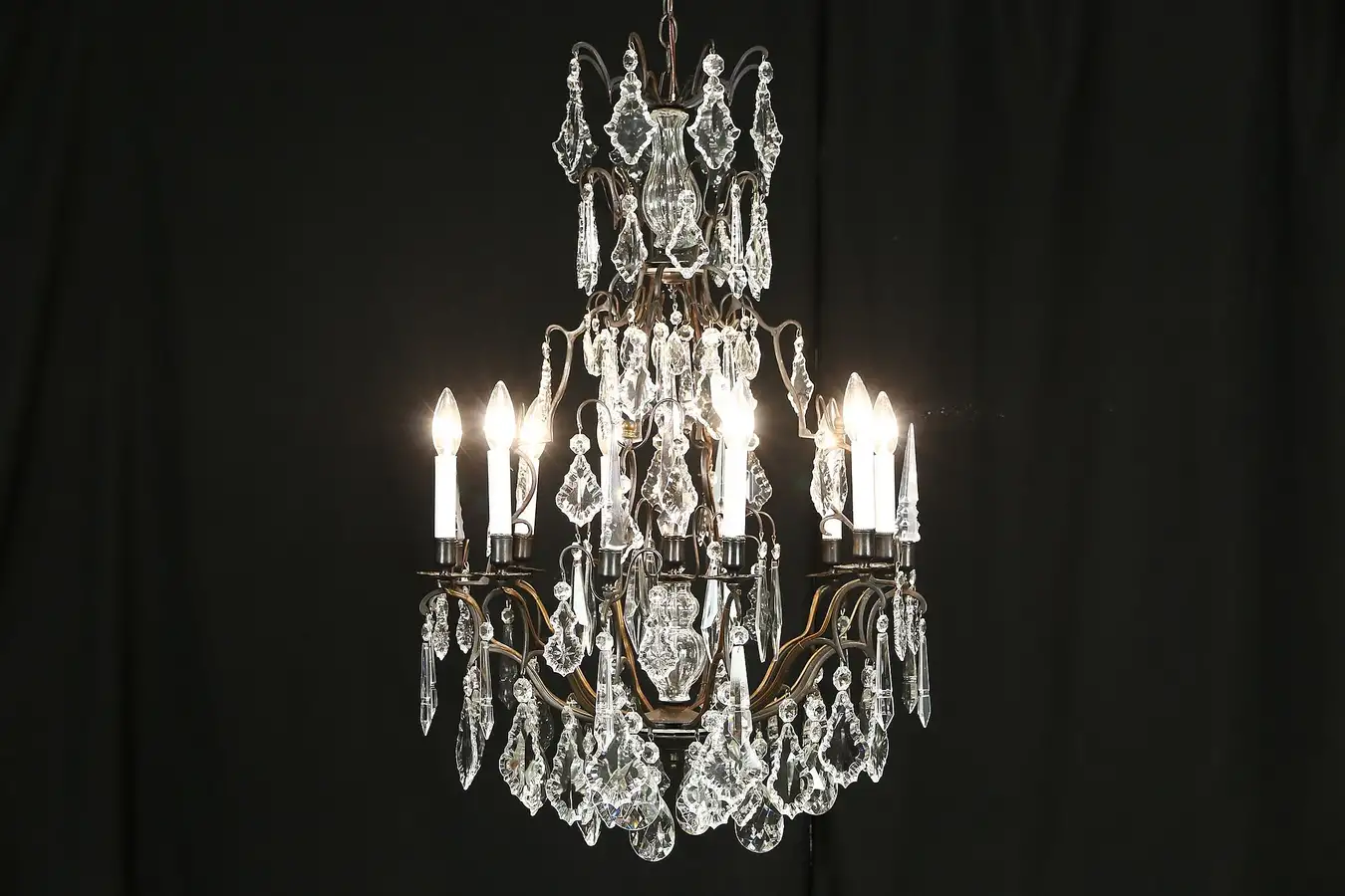 Main image of Patinated Brass 8 Candle Antique 1890's Chandelier, Electrified, Crystal Prisms