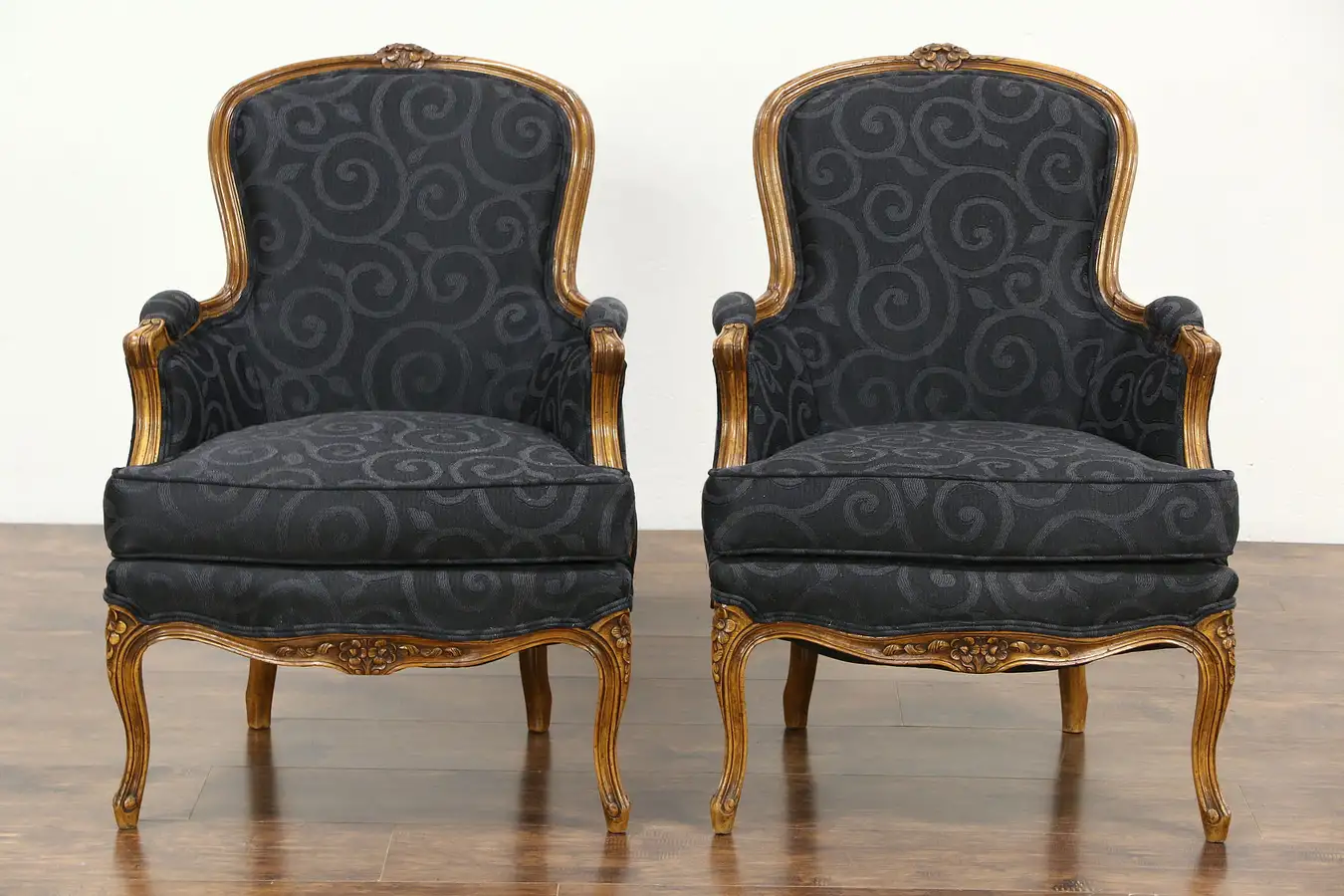 Main image of Pair Country French Carved Fruitwood Vintage Chairs, New Upholstery
