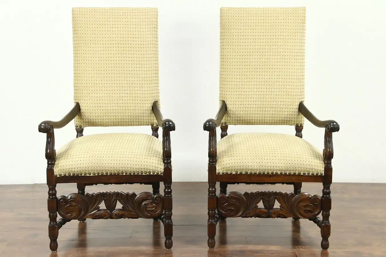 Main image of Pair of Carved Antique Hall, Throne or Host Chairs, New Upholstery