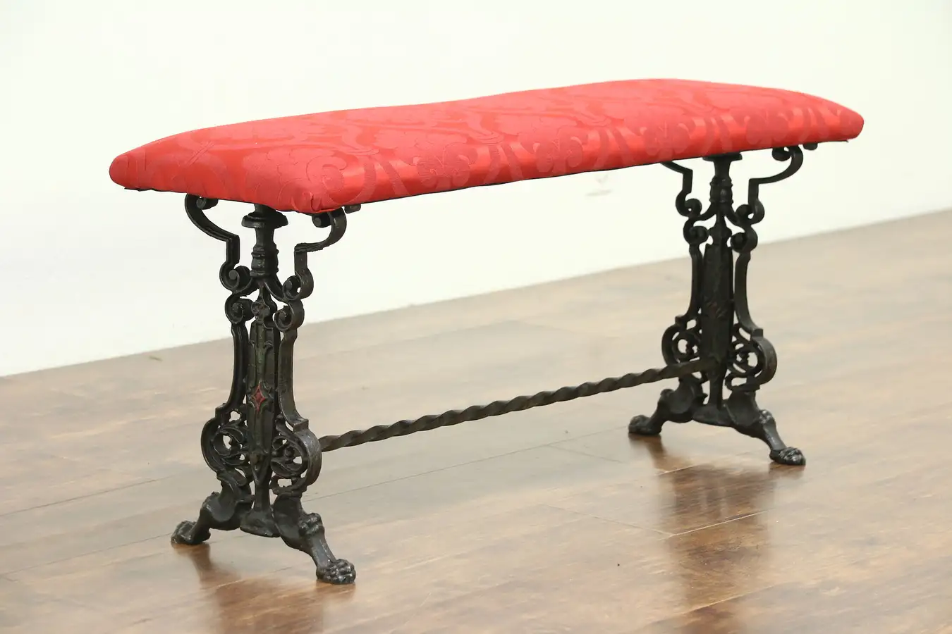 Main image of Cast Iron 1915 Antique Bench, Lion Paw Feet & Shield, New Upholstery