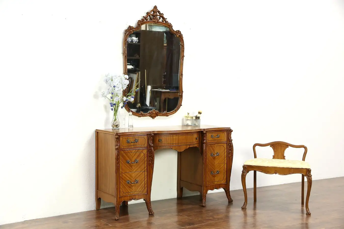 Main image of French Style Carved Satinwood Vintage Dressing Table or Vanity, Mirror & Bench