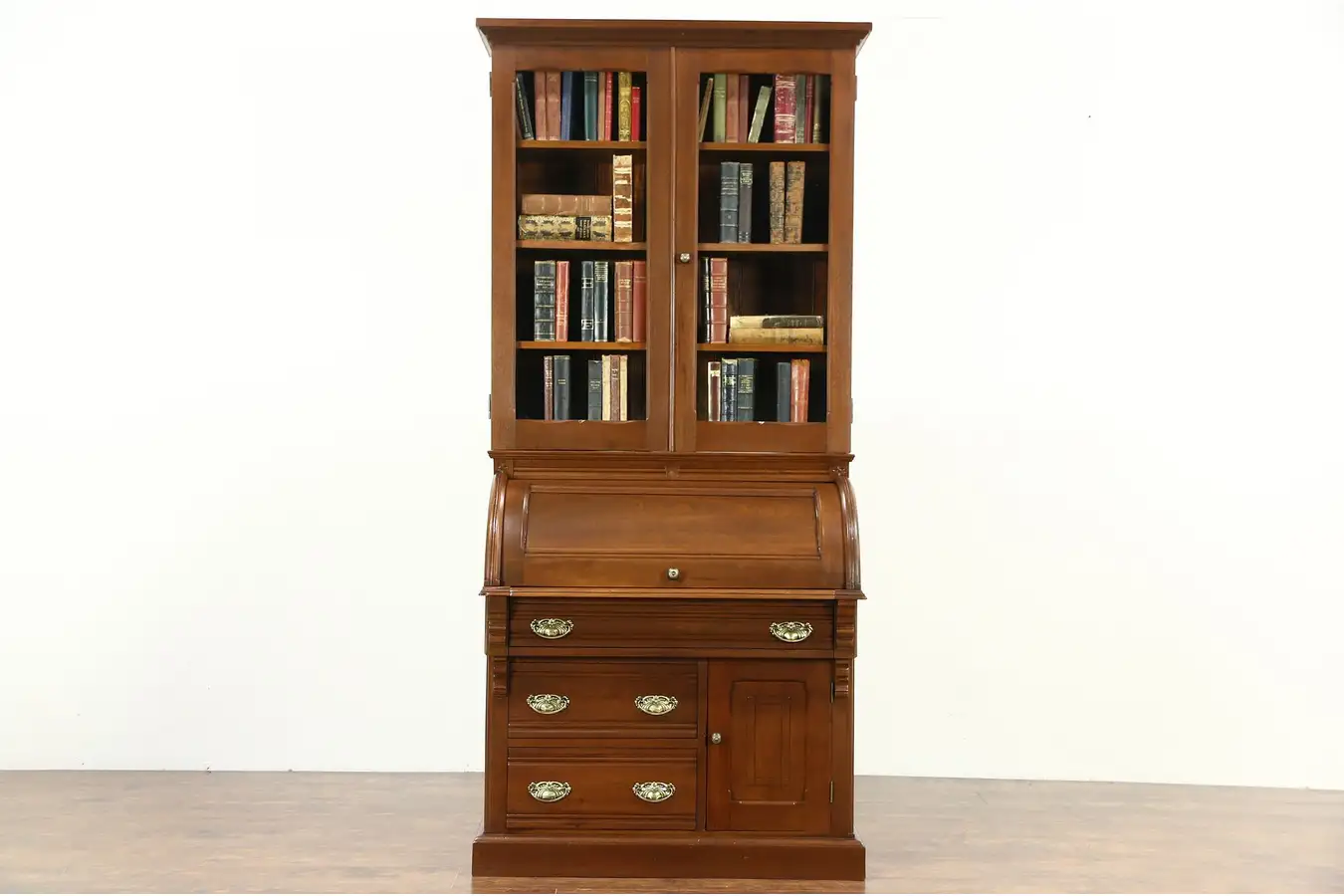 Main image of Victorian 1890 Antique Walnut Cylinder Roll Top Secretary Desk & Bookcase