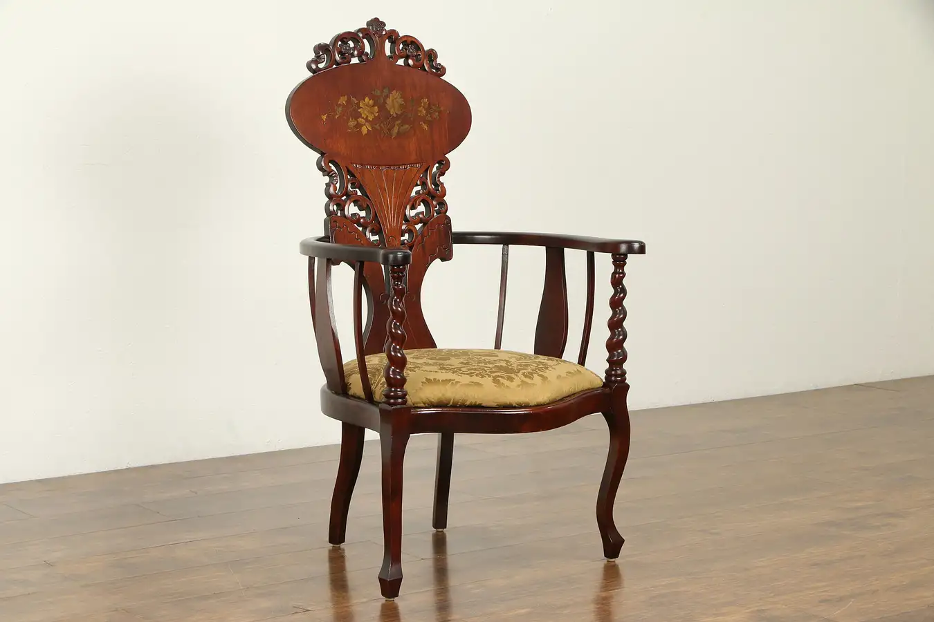 Main image of Art Nouveau Antique Hall Chair, New Upholstery, Painted Flowers