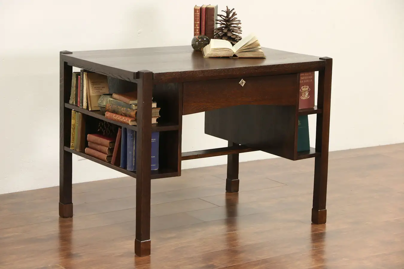 Main image of Arts & Crafts Mission Oak 1910 Antique Craftsman Partner Desk Library Table