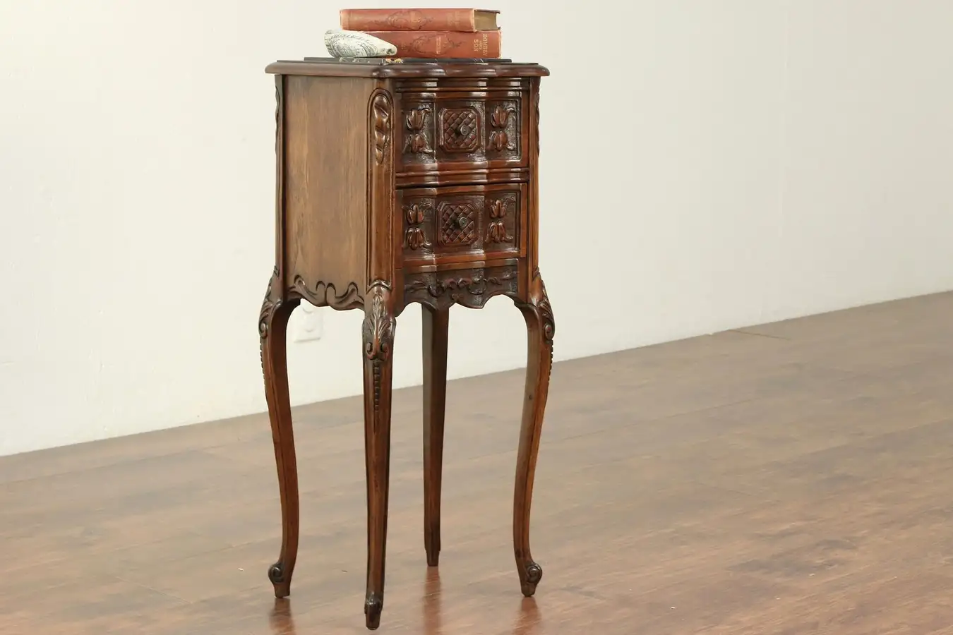 Main image of French Style Antique Carved Walnut Small Nightstand, Black Marble