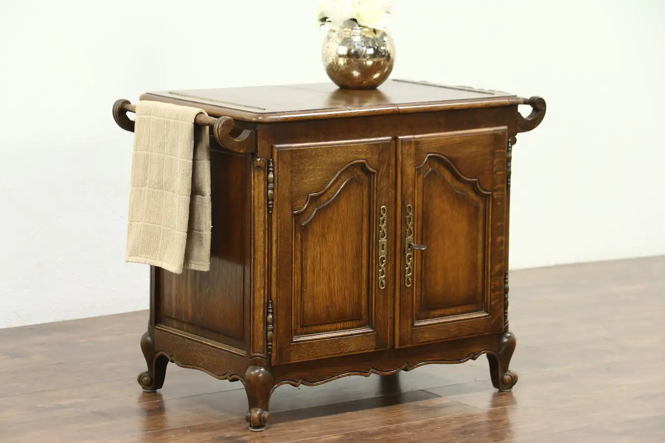 Main image of Oak Carved Antique Flip Top Bar Cabinet, Raised Panels, Mirror Interior, Belgium