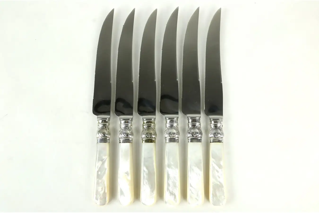 Main image of Set of 6 Sheffield English Pearl & Silverplate Steak Knives, Signed Cooper
