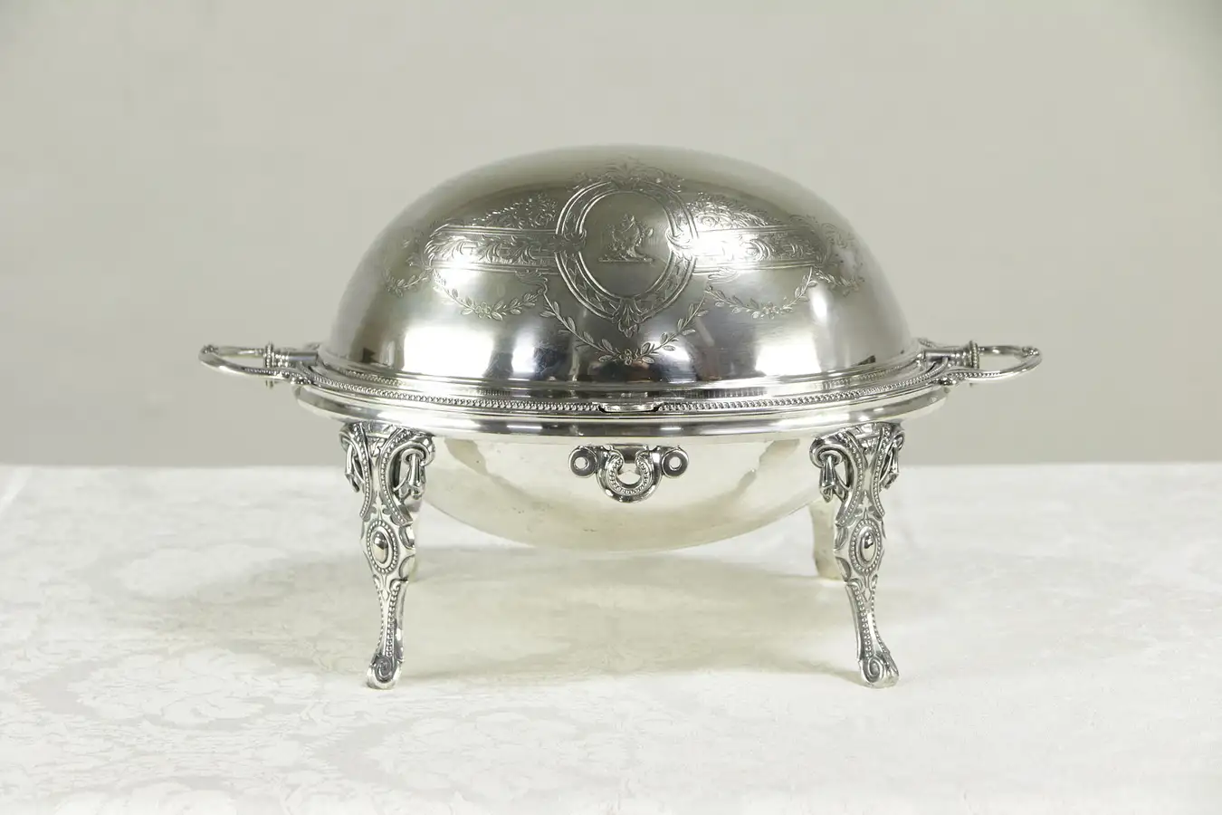 Main image of Victorian Antique English Silverplate Serving Dome, Horse Arms, Signed