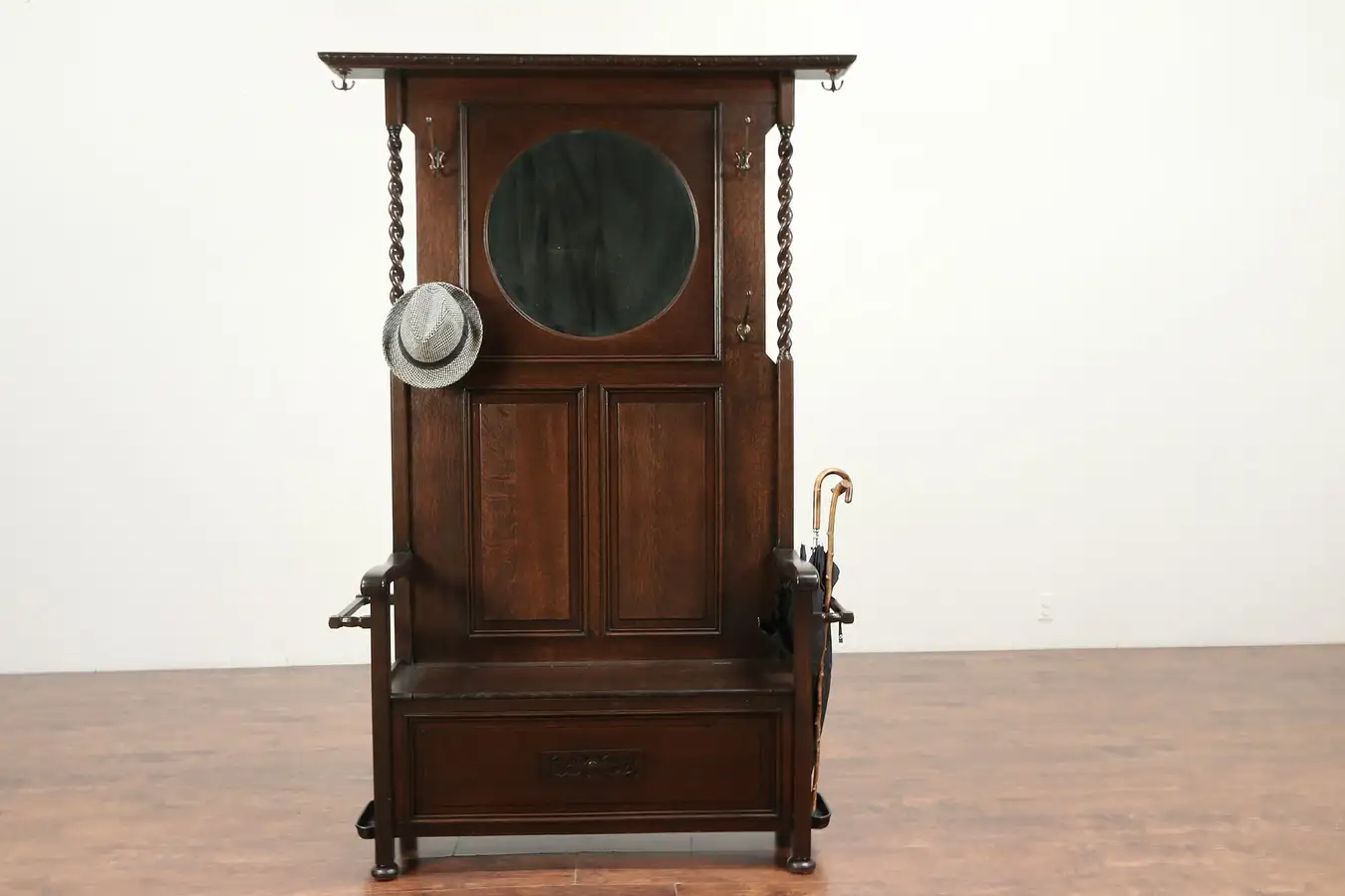 Main image of Oak Antique Hall Bench, Umbrella Holder, Beveled Mirror, Storage, England