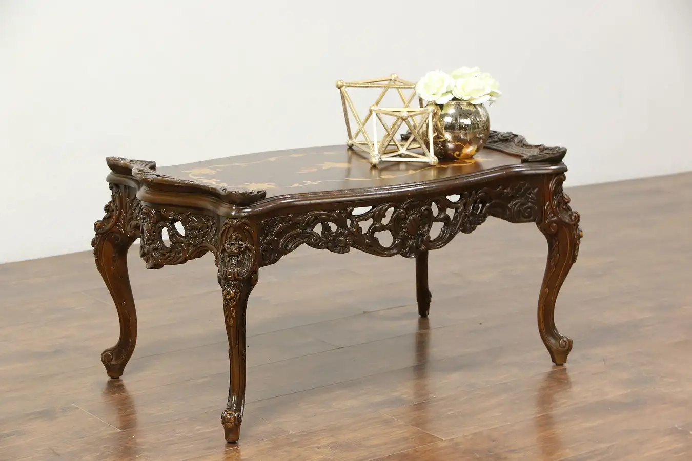 Main image of Carved Vintage Coffee Table, Inlaid Marquetry & Burl Top