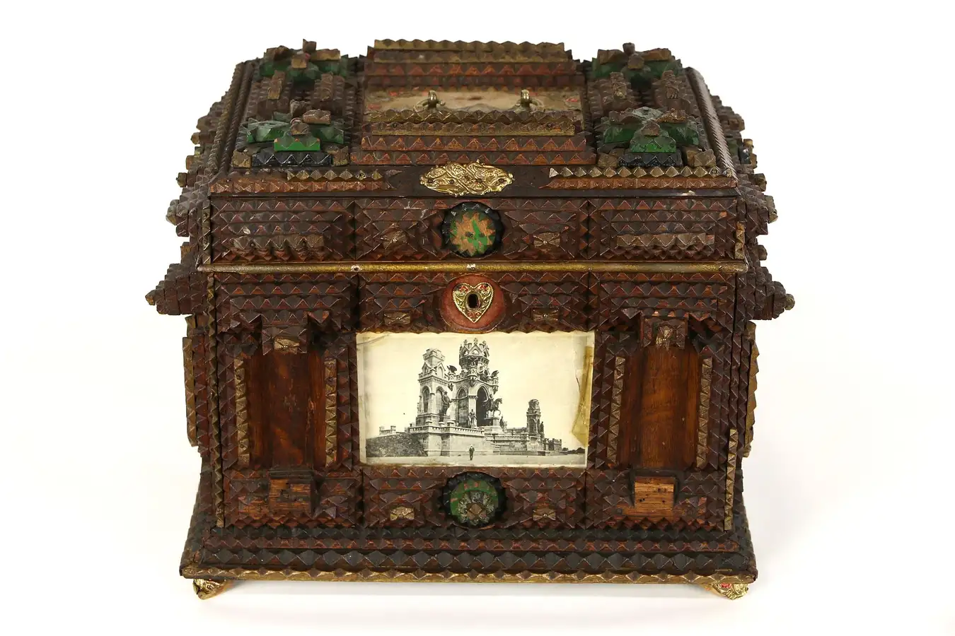 Main image of Tramp Art Jewelry Chest, Antique 1890's German Folk Art, Original Hand Painting
