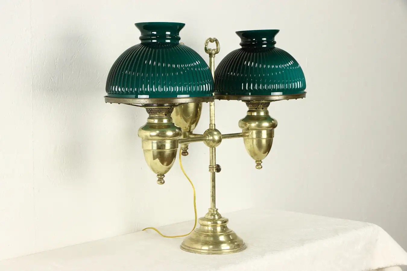 Main image of Victorian Antique Brass Double Student Desk Lamp, Emerald Shades