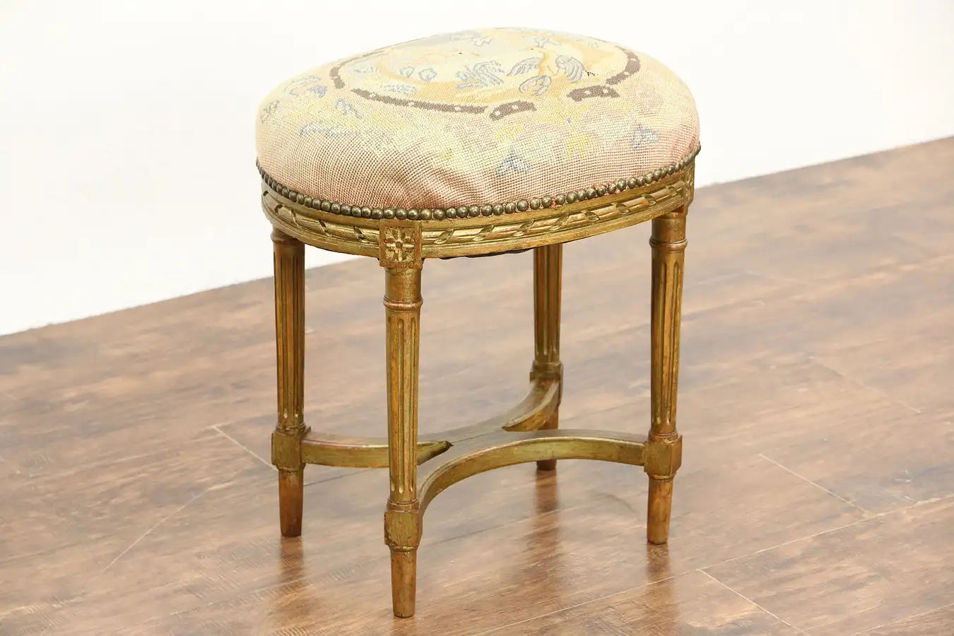 Main image of French 1900 Antique Oval Bench or Footstool, Needlepoint Birds