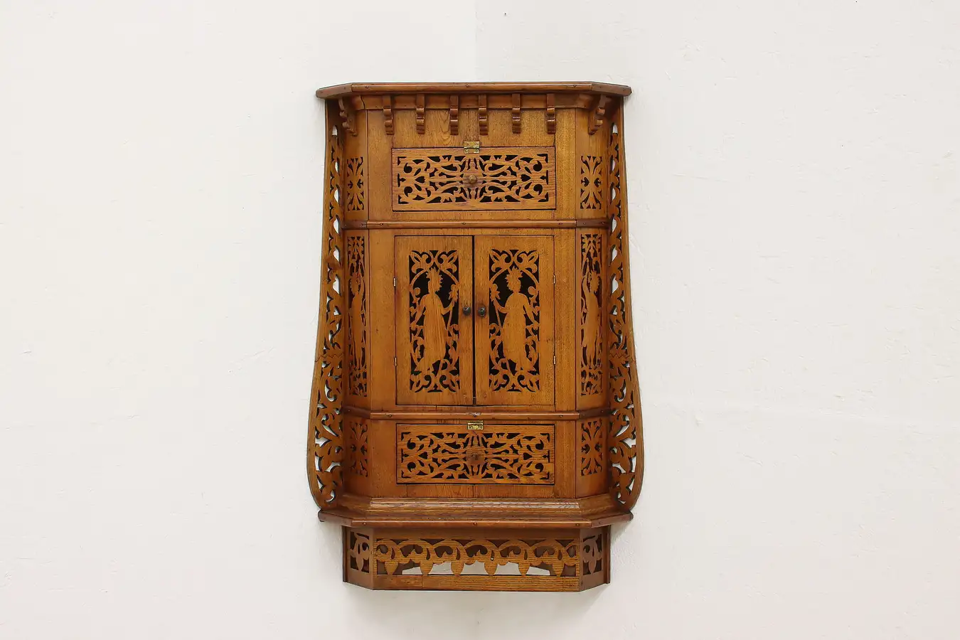 Main image of Folk Art Antique Carved Ash Wall or Tabletop Corner Cabinet