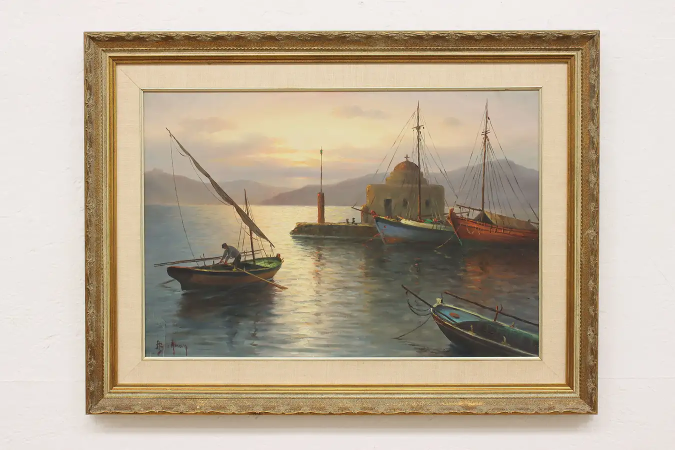 Main image of Harbor Sunset Vintage Original Oil Painting Brickmay 32.5"