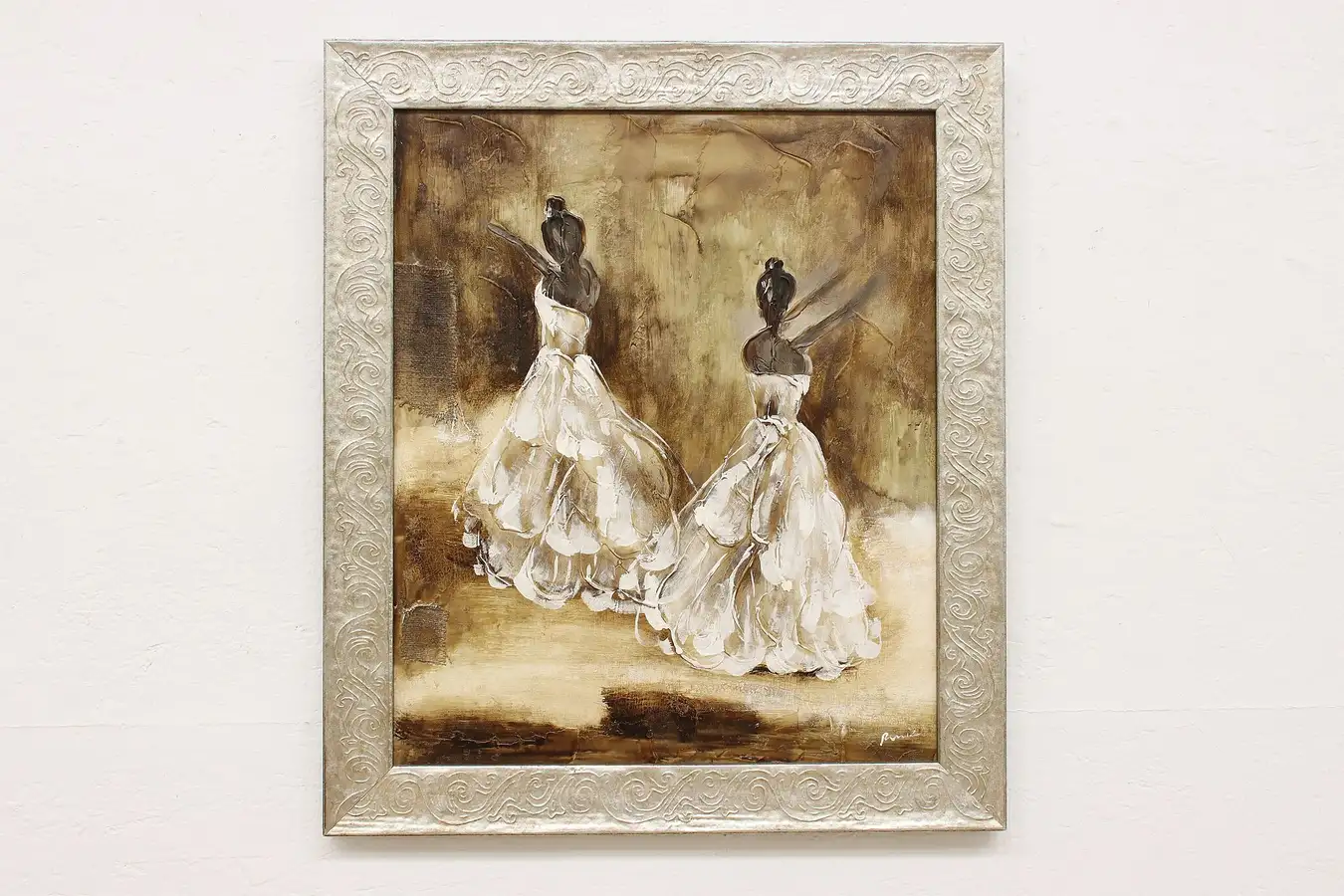 Main image of Graceful Ballerinas Vintage Original Oil Painting Signed 29"