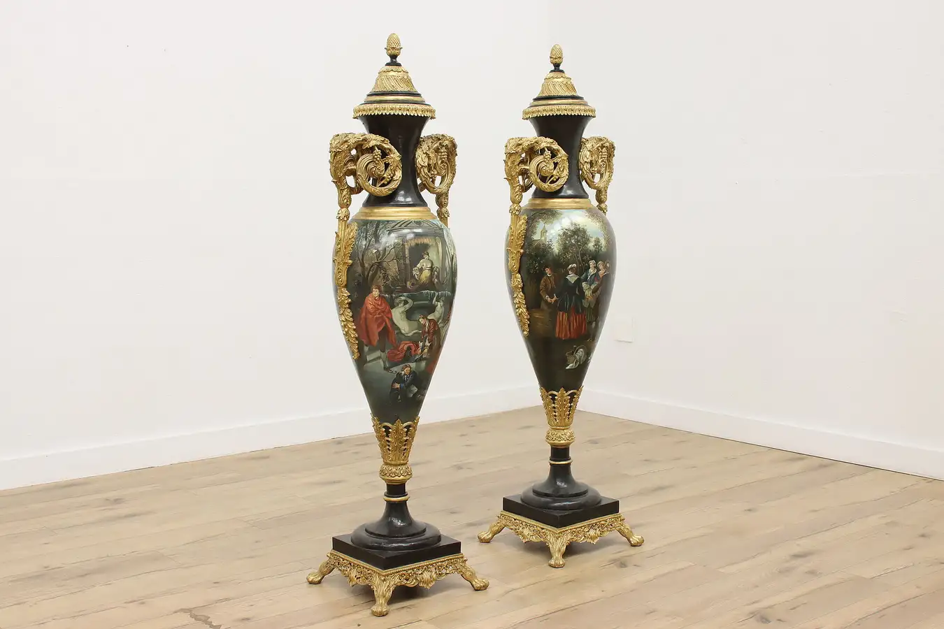 Main image of Pair of Italian Vintage Hand Painted Marble Palace Urns 65"