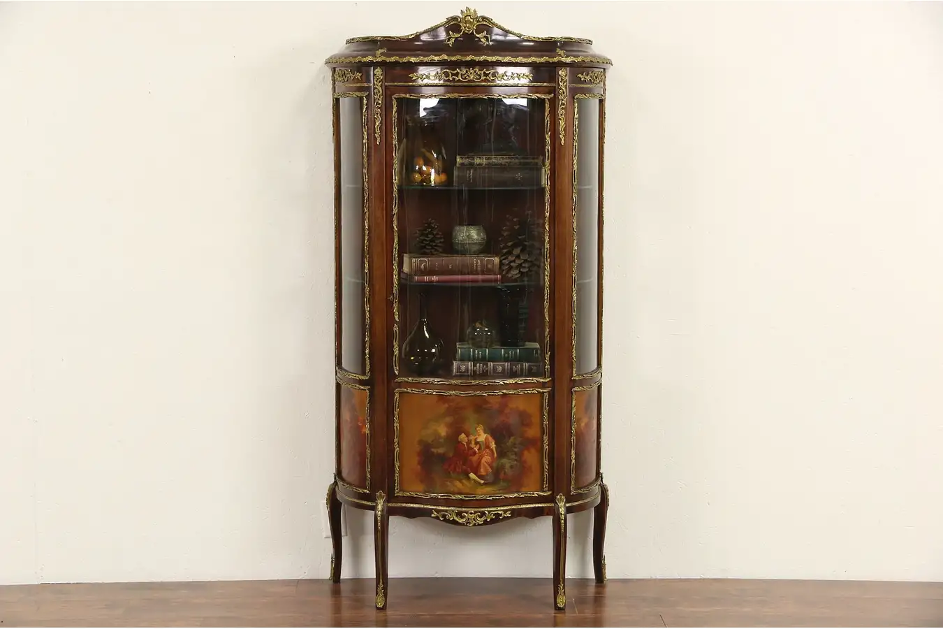 Main image of French 1920 Curved Glass Vitrine Curio Display Cabinet, Brass Mounts, Paintings