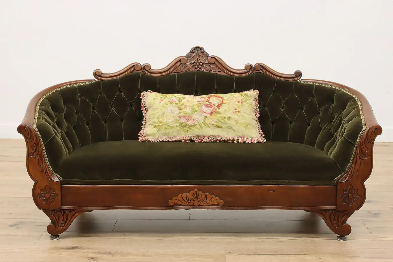 Main image of Victorian Antique Carved Walnut & Mohair Settee or Sofa