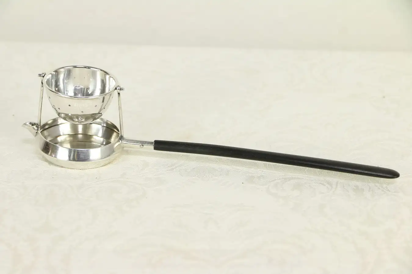 Main image of Scandinavian 800 Silver Tea Strainer, Drip Pan, Ebony Handle, Signed HB