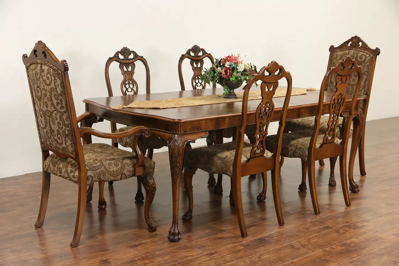 Main image of Burl Carved Dining Set, 1950 Vintage Table, Leaf & 6 Chairs, New Upholstery