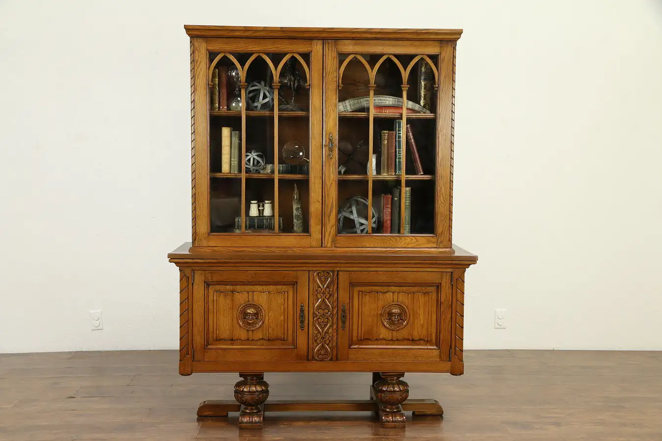 Main image of Renaissance Carved Oak Antique Scandinavian Bookcase or China Cabinet