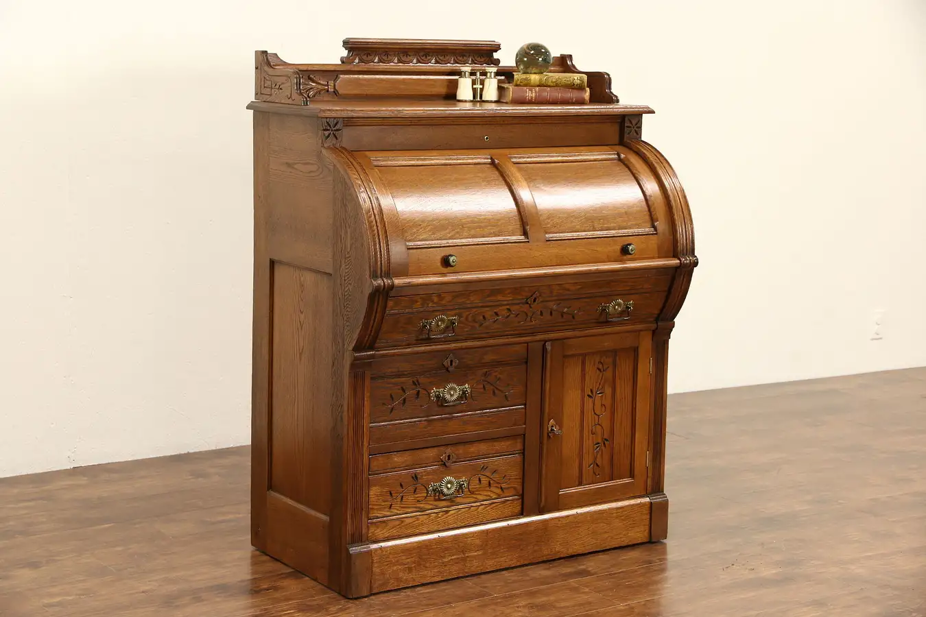 Main image of Victorian Eastlake 1890 Antique Cylinder Rolltop Carved Oak Desk