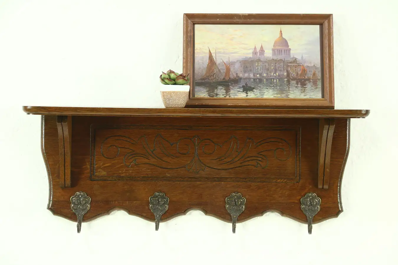 Main image of Oak Carved Vintage Wall Shelf, Dutch Face Hooks, Holland