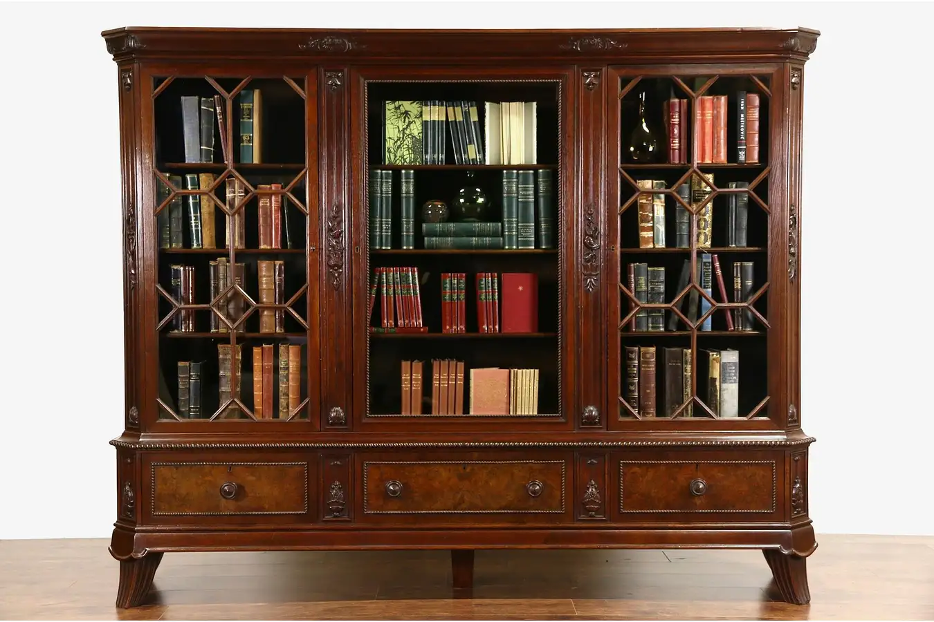 Main image of Triple Library Bookcase, Hand Carved Oak 1915 Belgium Antique