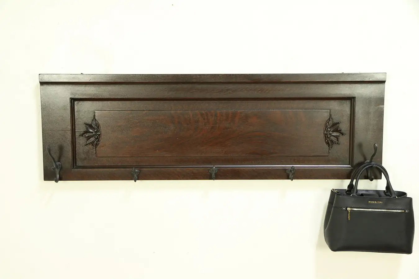 Main image of Quartersawn Oak Carved Hanging Coat or Hat Rack, Antique Piano Salvage