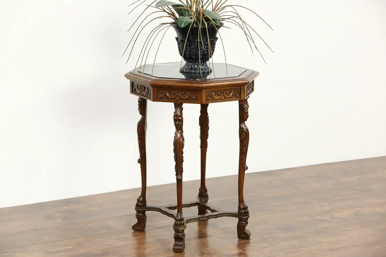 Main image of Black Marble Top Antique Center, Lamp or End Table, Carved Figures