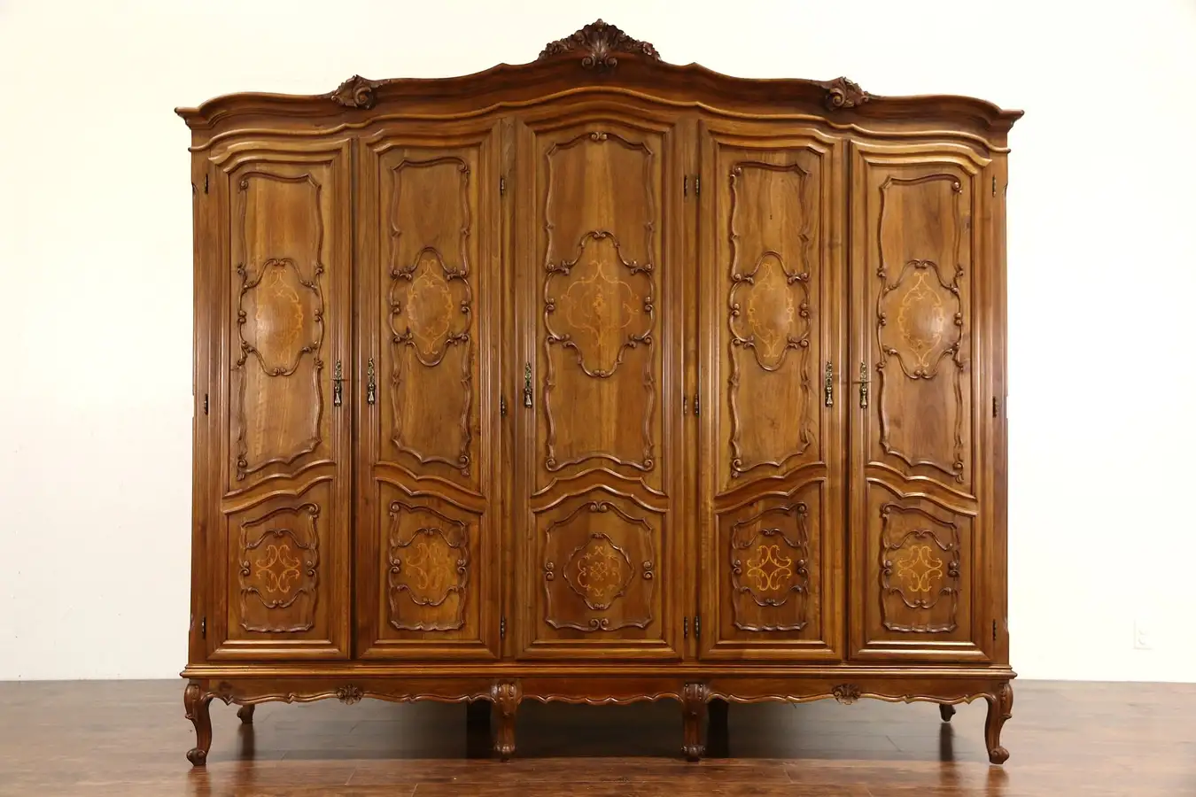 Main image of Italian 1930's Vintage 5 Door Carved Walnut Armoire, Wardrobe or Closet