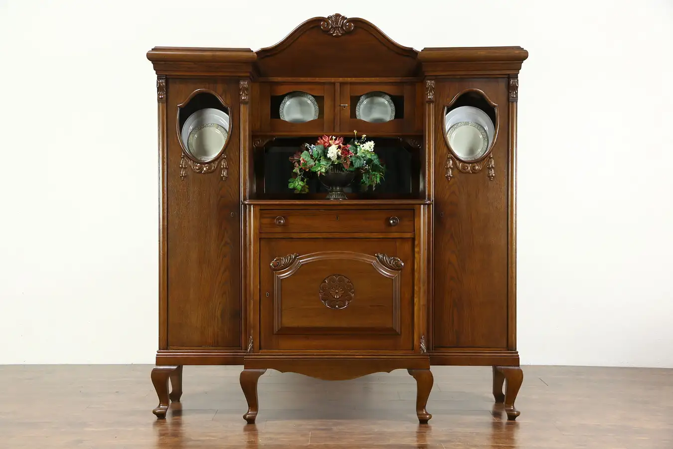 Main image of Oak 1915 Antique Sideboard Server Bar Cabinet, Beveled Mirror, Belgium