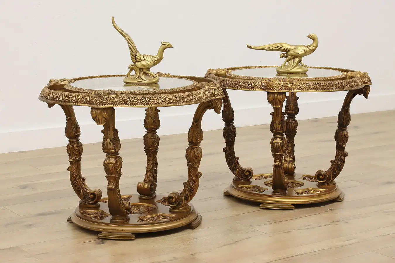Main image of Pair Hollywood Regency Vintage Gilt & Glass Top End Tables