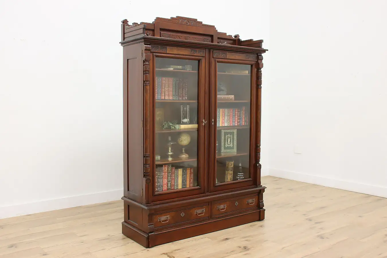 Main image of Victorian Eastlake Antique Walnut Library or Office Bookcase