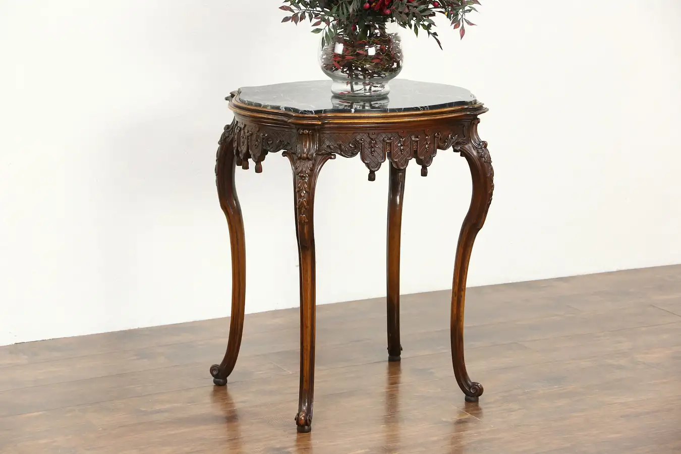 Main image of Carved Antique Walnut Lamp, End or Hall Center Table, Black Marble Top