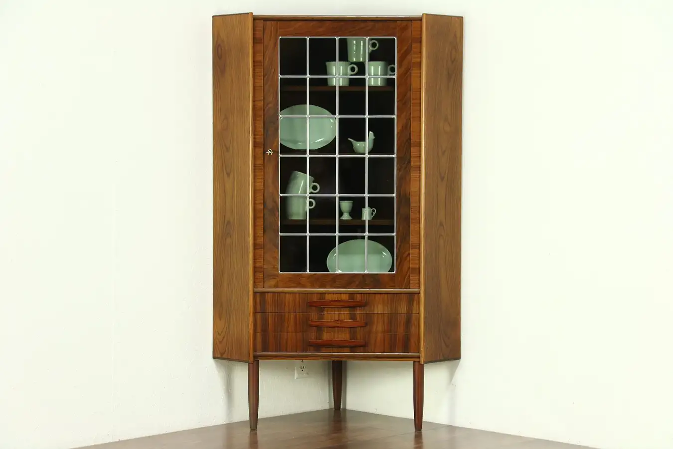Main image of Midcentury Modern 60's Vintage Rosewood Corner Cabinet, Leaded Glass