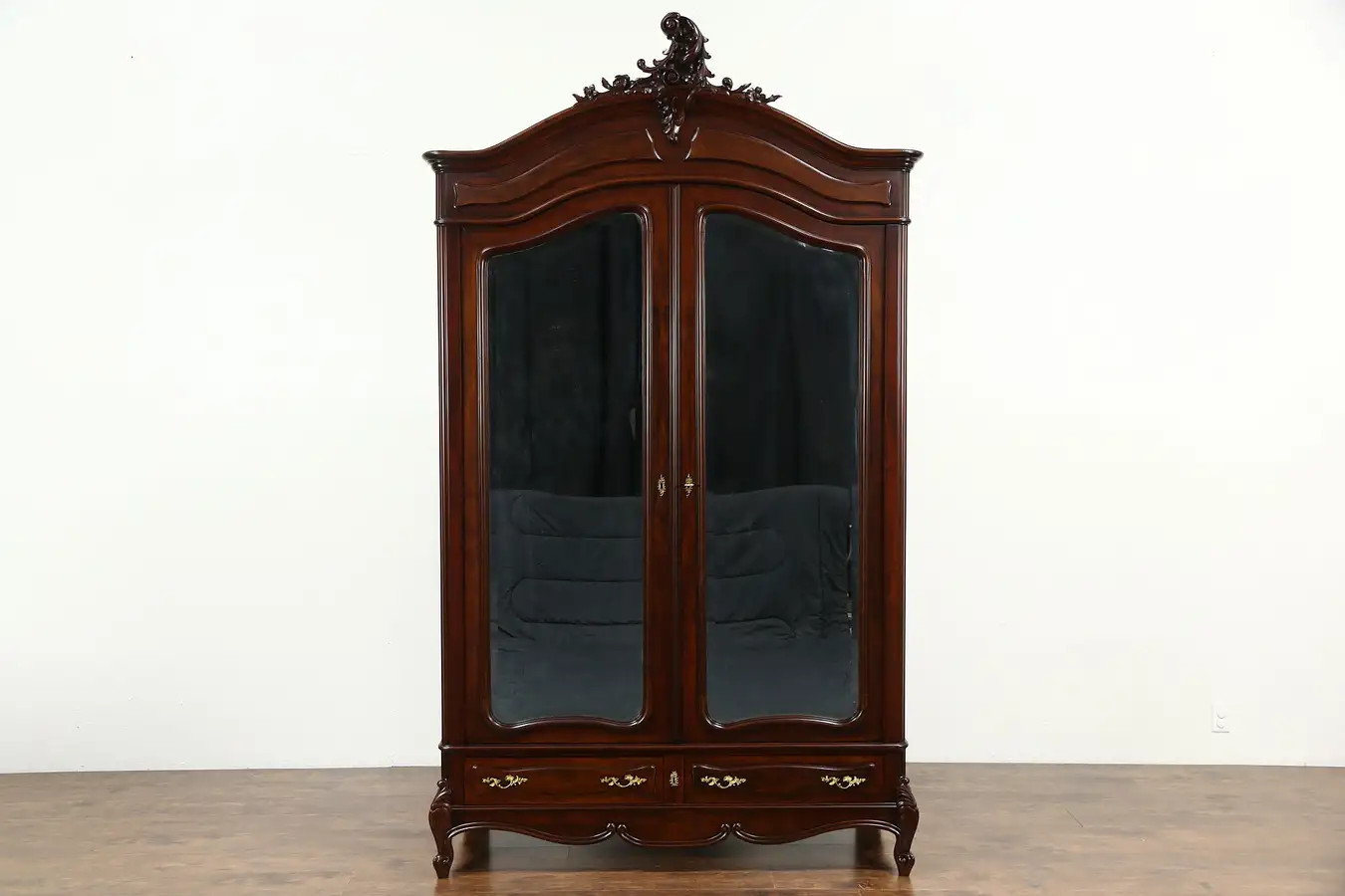 Main image of French 1910 Antique Mahogany Armoire or Wardrobe, Beveled Mirror Doors