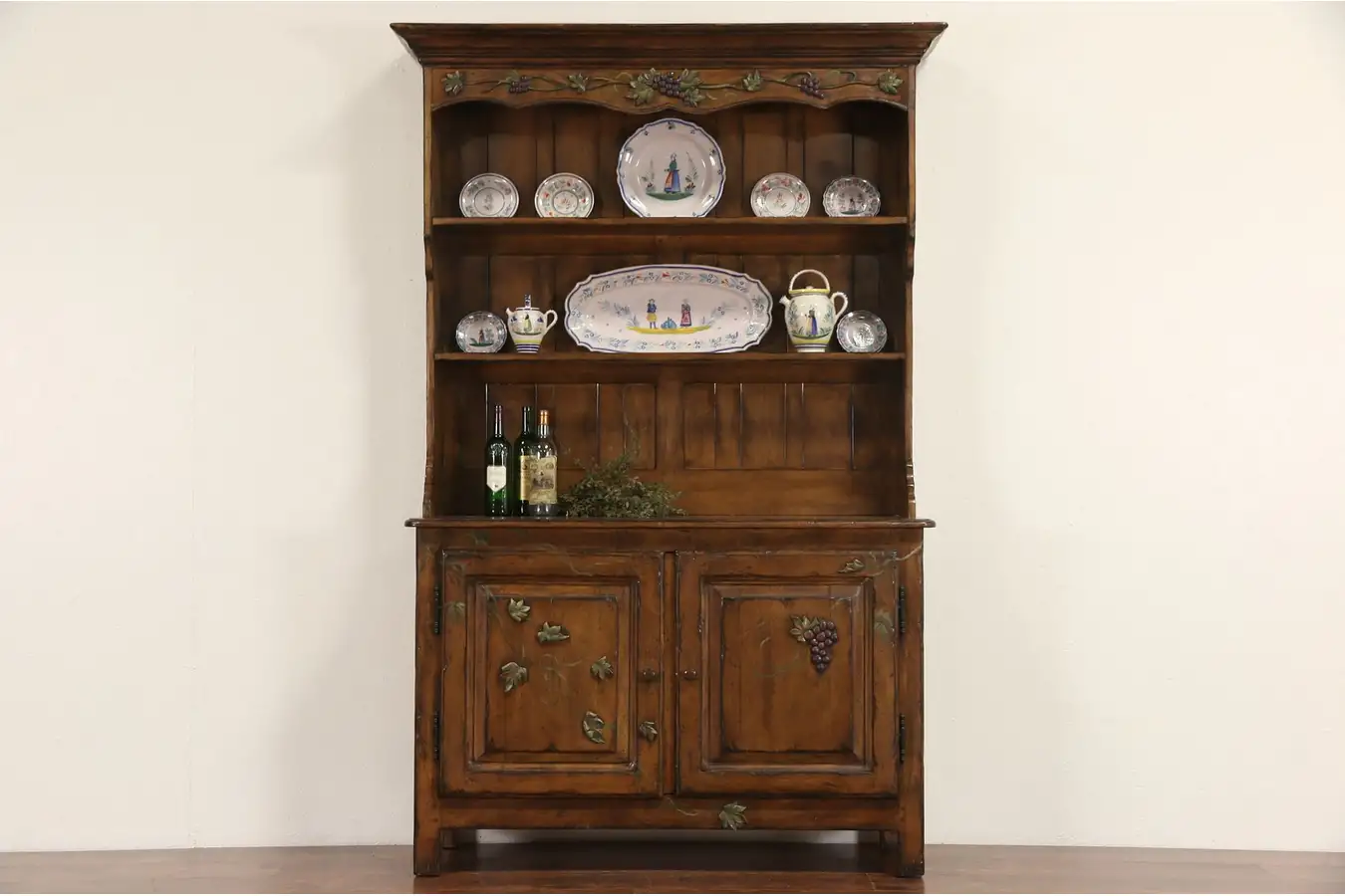 Main image of Pewter Cupboard or Welsh Dresser, Signed Vintage Fruitwood with Grapevine Motif
