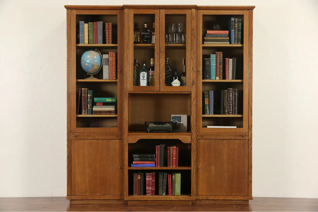 Main image of Oak 1960 Vintage European Desk, Bookcase & Bar Cabinet