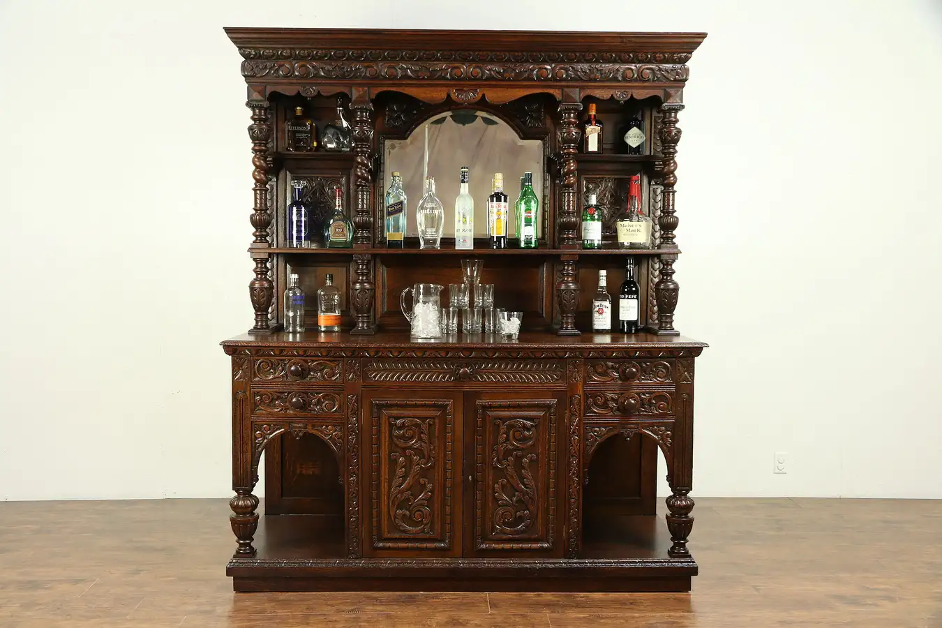 Main image of Oak Renaissance Carved English Back Bar, Sideboard or Server, Mirror