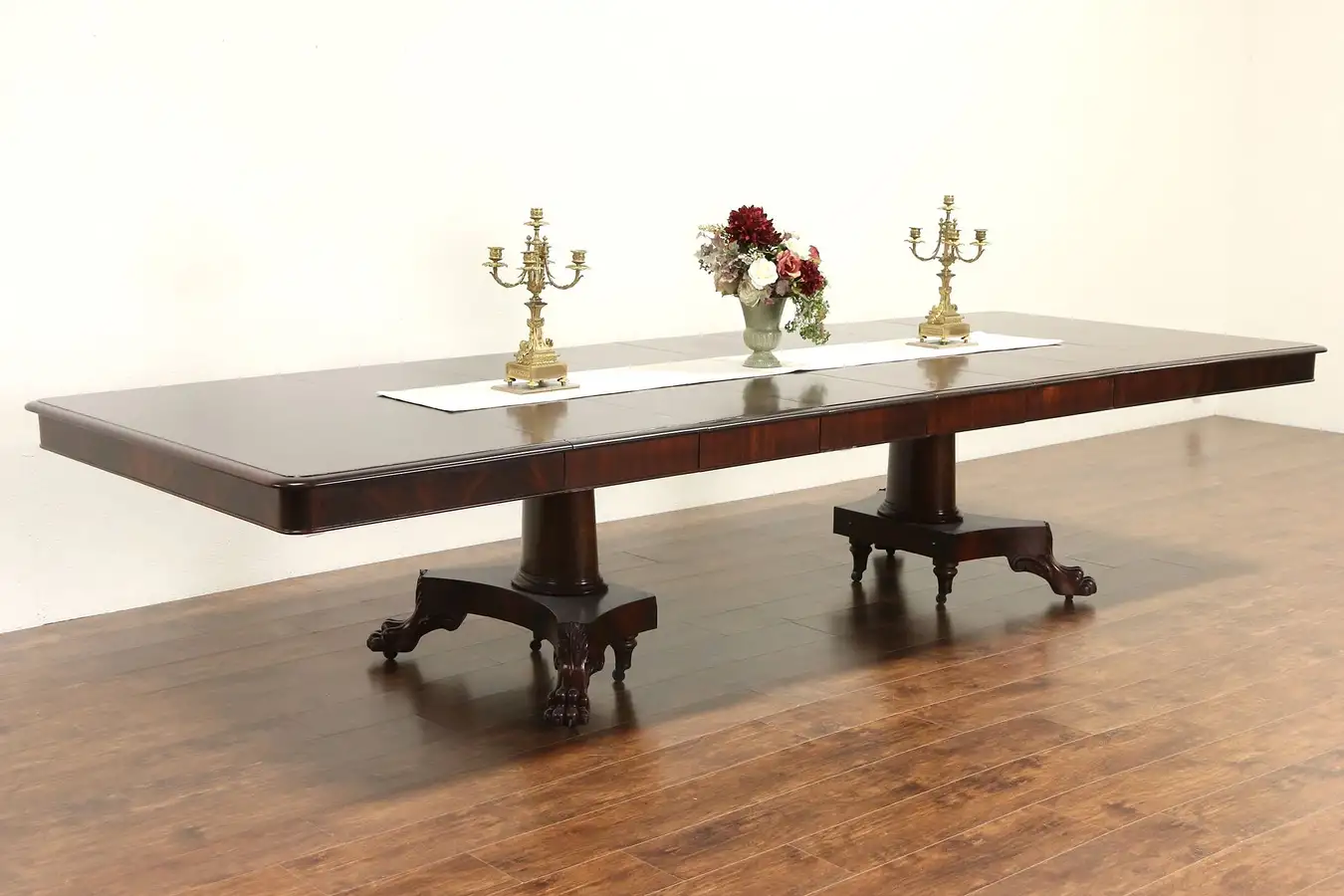 Main image of Empire Square Mahogany 1900 Antique Dining Table, Lion Paw Pedestals, 13' Long