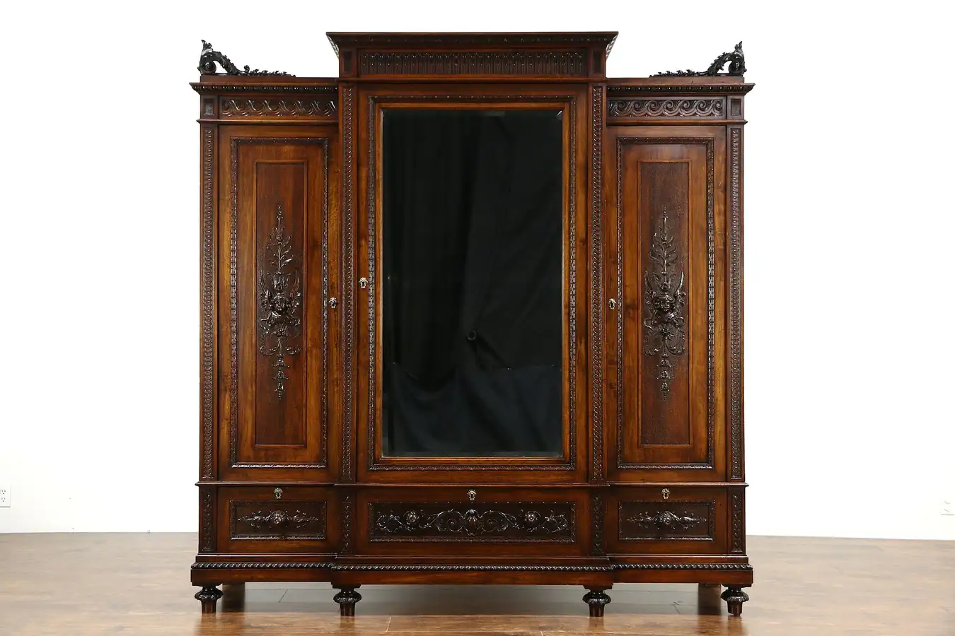 Main image of Italian Walnut Antique 1900 Armoire, Wardrobe or Closet, Carved Angels