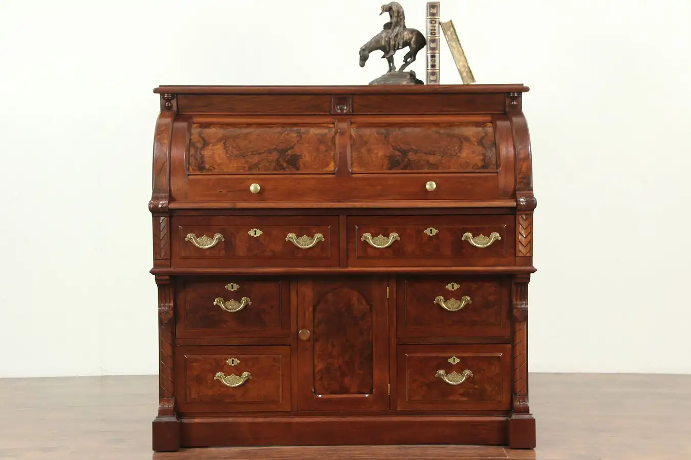 Main image of Victorian Antique Cylinder Roll Top Walnut Secretary Desk, Leather Top