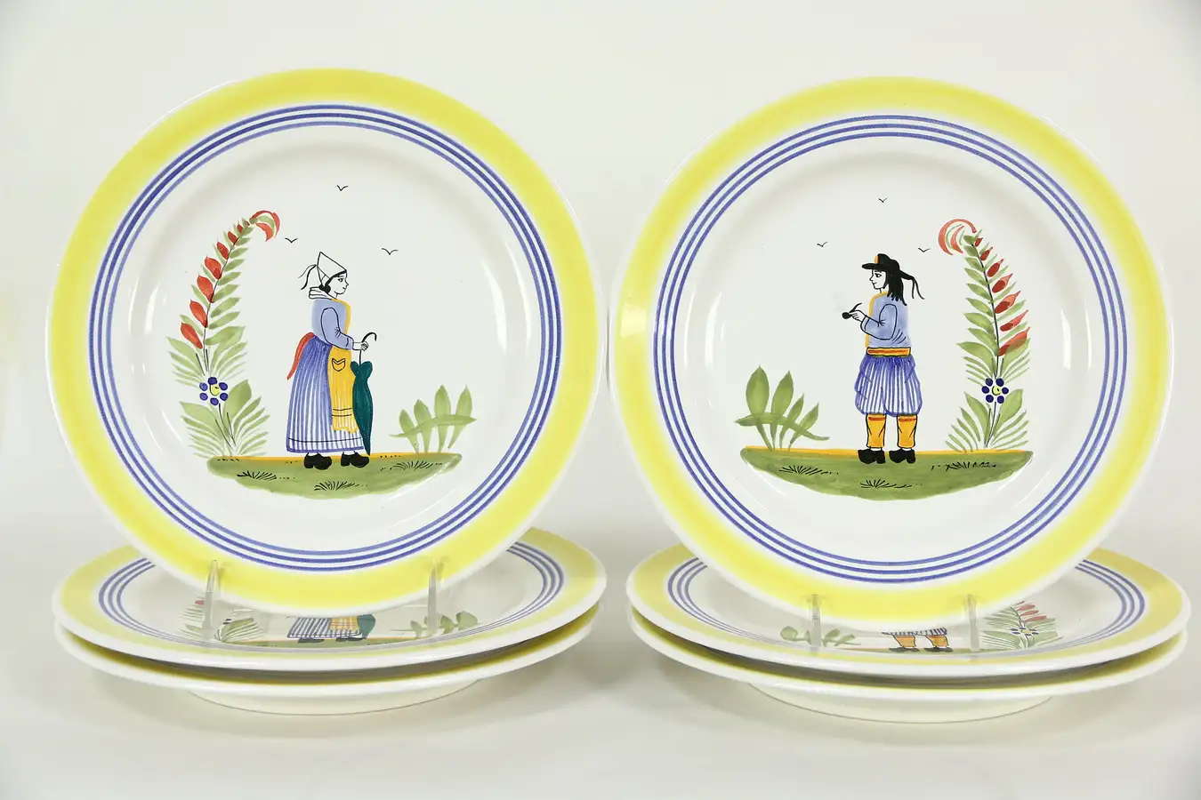 Main image of Set of 6 Quimper Signed Hand Painted Vintage Dinner Plates, Brittany France