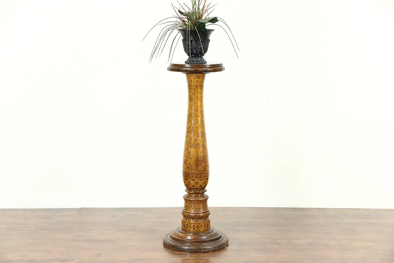 Main image of Burnt Wood Pyrography Latin Inscribed Antique Plant Stand or Sculpture Pedestal