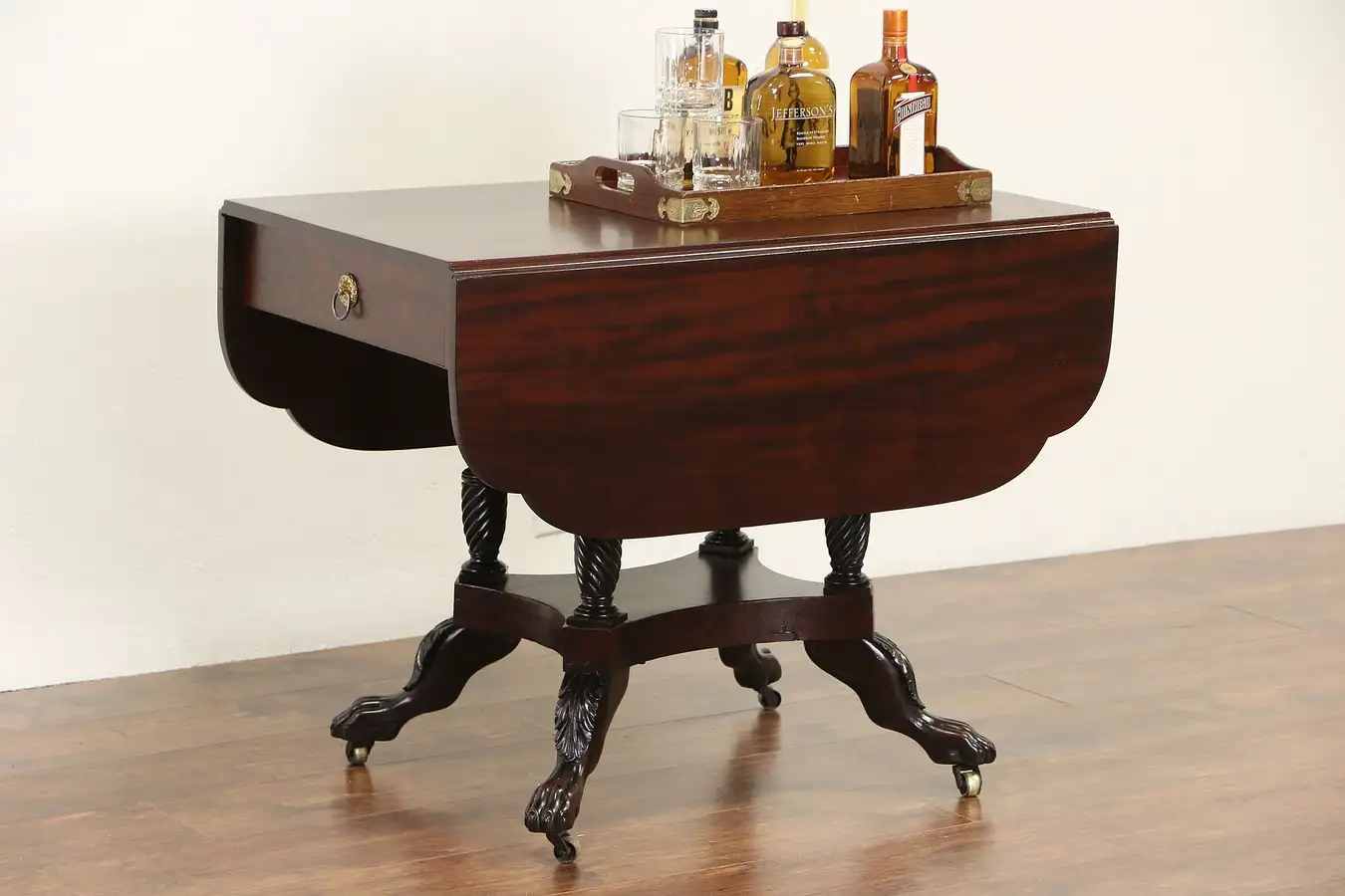 Main image of Empire 1820 Antique Mahogany Dropleaf Table, Acanthus Carved, Paw Feet