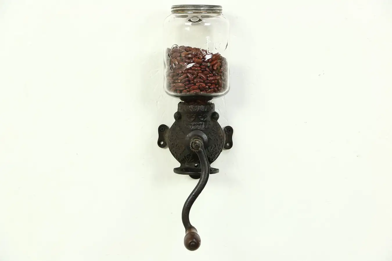 Main image of Arcade Crystal No. 3 Signed Wall Mount Coffee Grinder, Original Glass Jar