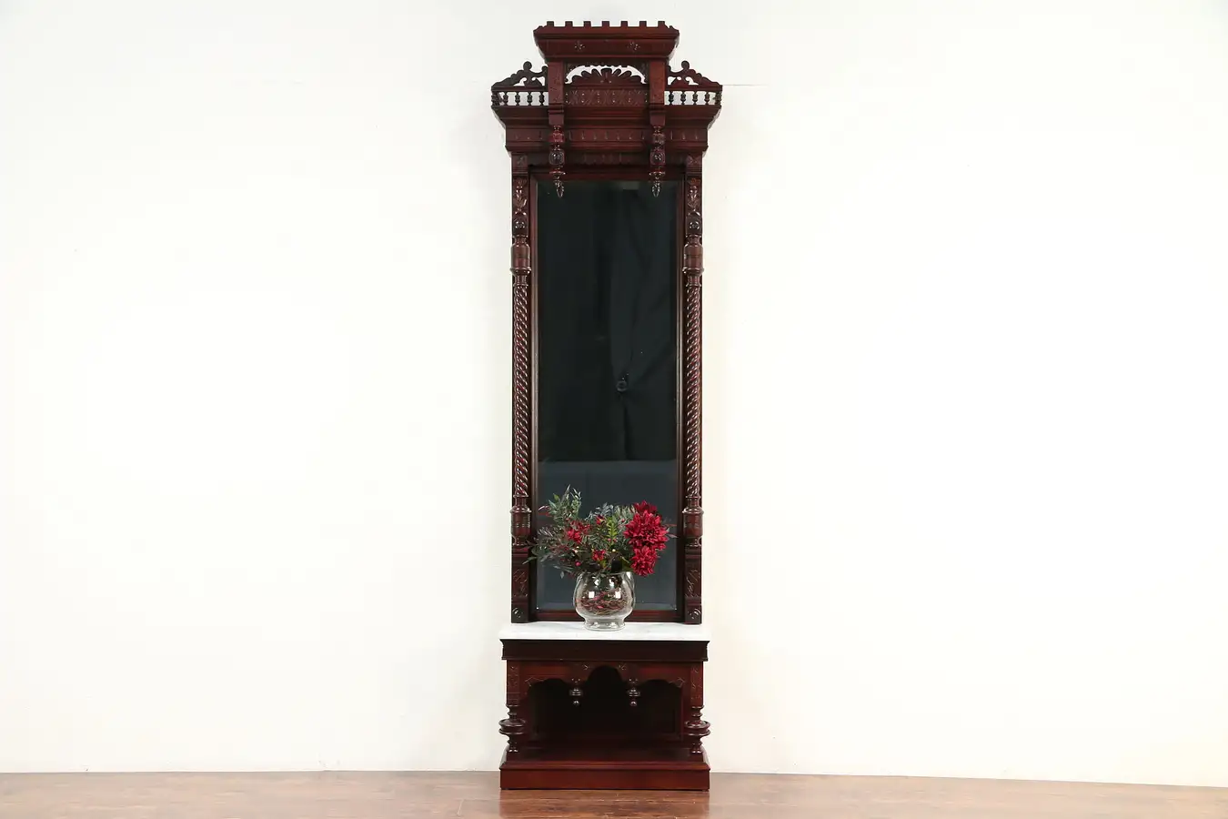 Main image of Victorian Eastlake Antique Walnut Hall or Pier Mirror, Marble Shelf